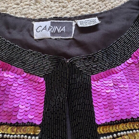Vintage Carina 1980s Sequin Beaded Jacket | L | Black Silk Statement Blazer - Picture 6 of 13